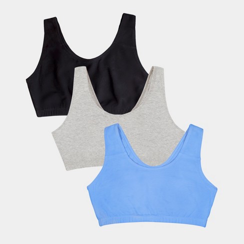 Fruit of the Loom Women s Tank Style Cotton Sports Bra 3 Pack Cornflower Blue Black Hue Heather Grey 46