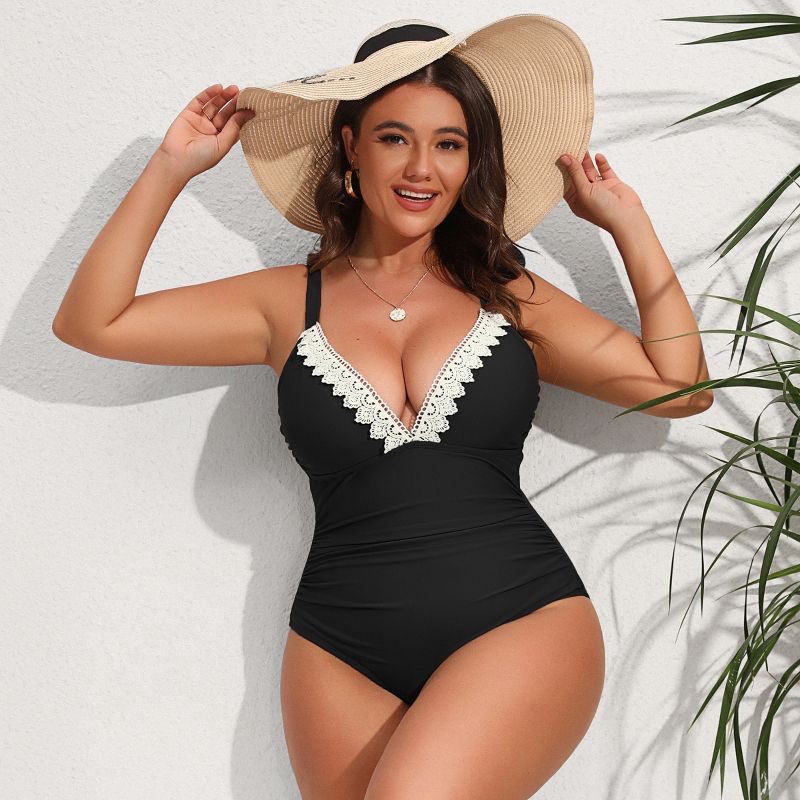 Women's Plus Size Lace V-Neck Shirred Tummy Control One-piece Swimsuit - Cupshe, 3 of 8