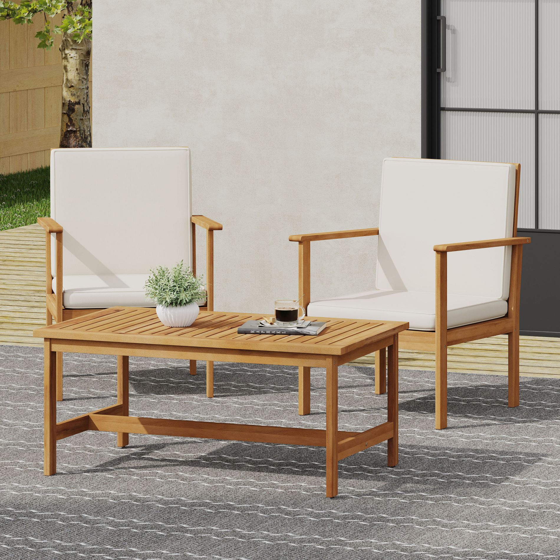 Christopher Knight Home Harvey Outdoor Acacia Wood Club Chair and Coffee Table Set with Cushions, Brown, Cream