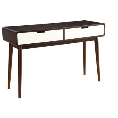 Two white drawers in dark wood console table