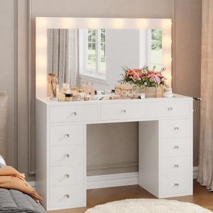 Vanity Desk with Lights, White Makeup Vanity with Power Strip, Dressing Table Set with 11 Drawers, Vanity Mirror 3 Lighting Color Adjustable - 1 of 4