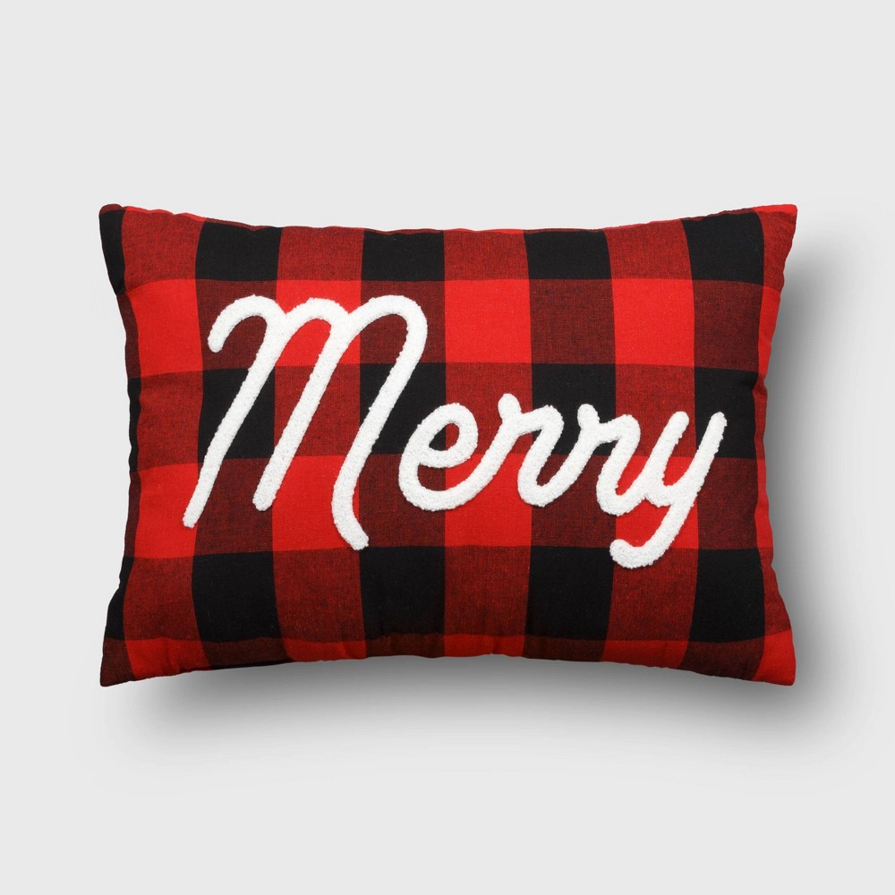 18"x12" Reversible Buffalo Plaid 'Merry' to Fair Isle Snowflake Rectangle Christmas Lumbar Pillow Red/Black - Wondershop™