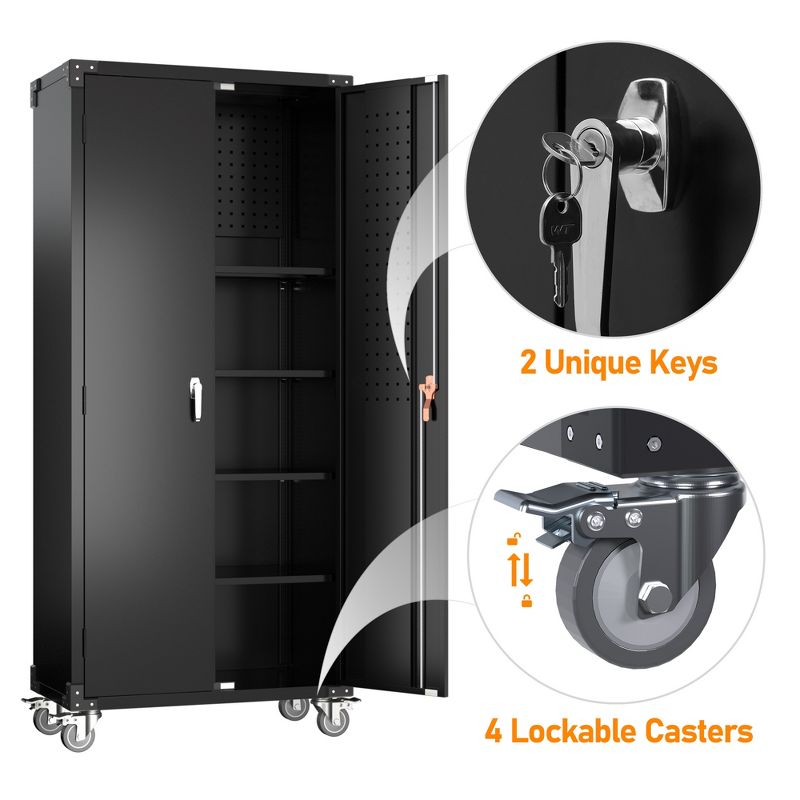 AOBABO 72 Inch Locking Metal Garage Storage Cabinet with Universal Rubber Wheels with Lockable Casters, Pegboards, and Magnetic Doors, Black, 5 of 8