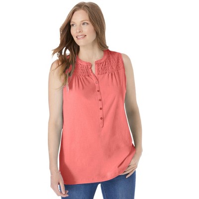 Woman Within Plus Size Smocked Henley Tank Top