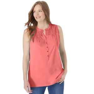 Woman Within Plus Size Smocked Henley Tank Top - 1 of 4