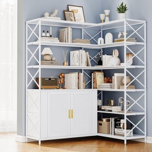 6 Tier Corner Bookshelf, Large Farmhouse Bookcase for Corner, Vintage Etagere L Shaped Bookshelf with Sturdy Metal Frame and 2 Rattan Doors Cabinet - 1 of 4