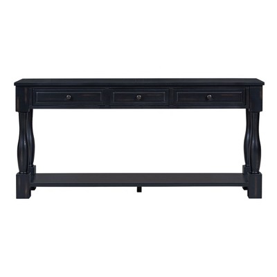 63 Inch Long Console Table With Drawers And Bottom Open Shelf, Solid Wood Farmhouse Entryway Table With Storage.
