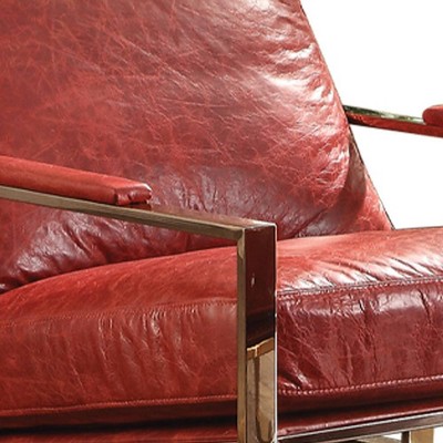 Antique Red Leather Chaise with Metal Frame