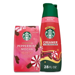 Starbucks Peppermint Mocha Flavored 28 fl oz Coffee Creamer + 11oz Light Roast Ground Coffee - 1 of 4