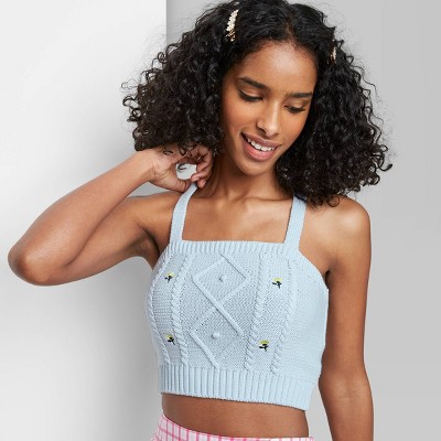 Women's Floral Embroidered Cropped Sweater Tank Top - Wild Fable™ Light Blue XS