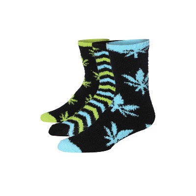 JAMES FIALLO Mens 3 Pairs Nature Elegance Leaf Cyan Stripes Patterned Solid Anti-Skid Soft Fuzzy Crew Socks