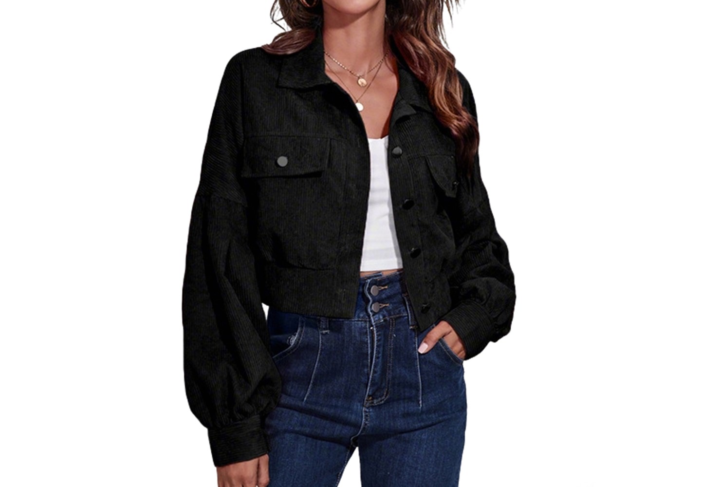 Женское пальто YesFashion Women Cropped Jacket Lapel Collar Patch Pocket Button Front Puff Long Sleeve Loose Short Outerwear Coat, black, цвет: Чёрный — фото 1