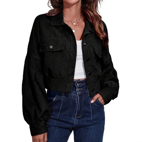 Женские куртки YesFashion Women Cropped Jacket Lapel Collar Patch Pocket Button Front Puff Long Sleeve Loose Short Outerwear Coat,black,M
