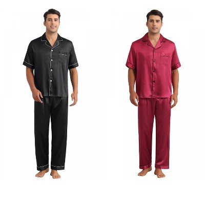 INSPIRE CHIC Men's 2 Pack Satin Pajamas Sets Classic Short Sleeve Sleepwear