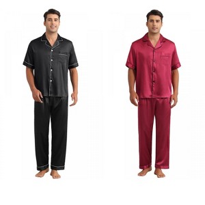 INSPIRE CHIC Men's 2 Pack Satin Pajamas Sets Classic Short Sleeve Sleepwear - 1 of 4