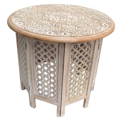 Mesh Cut Out Carved Mango Wood Octagonal Folding Table with Round Top White/Brown - The Urban Port