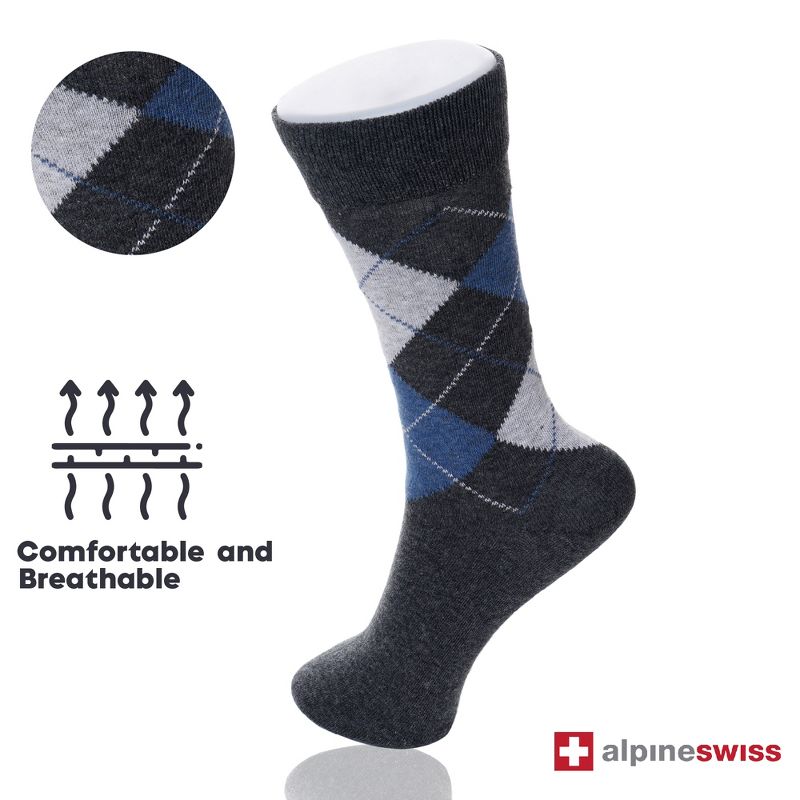 Alpine Swiss Mens Cotton 6 Pack Dress Socks Solid Ribbed Argyle Shoe Size 6-12, 3 of 11