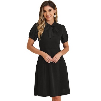 INSPIRE CHIC Women's Bow Tie Keyhole Neck Puff Sleeve Elegant Work Dress