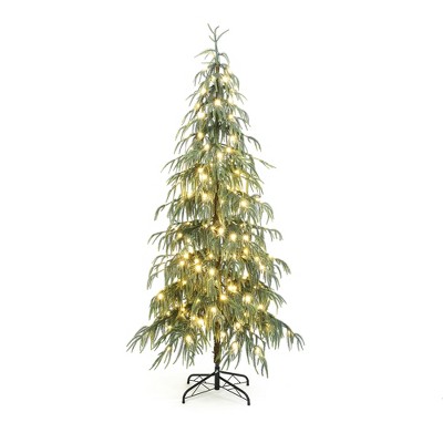 LuxenHome 7.5Ft Pre-Lit Slim Artificial Cedar Christmas Tree with Metal Stand Green
