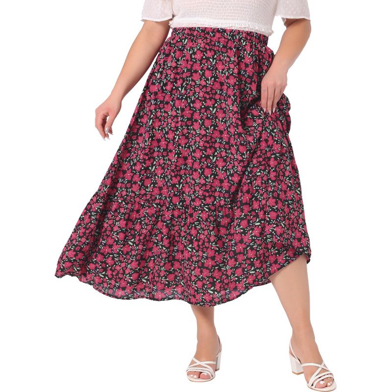 Agnes Orinda Women's Plus Size Stretchy High Waist Layered Flowy Pocket Casual Floral Maxi A Line Skirts, 2 of 6