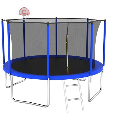 HFYee 8/10/12/14/10*16FT Backyard Trampoline Basketball Kit with Bonus Balls & Safety Enclosure for Ages 8+, Blue