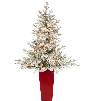 Nearly Natural 57-in Flocked Fraser Fir Artificial Christmas Tree with 300 Warm White Lights and 967 Bendable Branches in Tower Planter, Green/Red