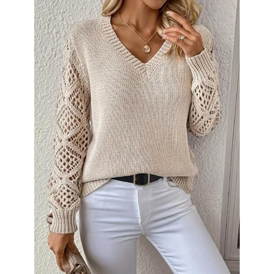 Womens Sweater Tops V Neck Hollow Long Sleeve Knit Pullover Top