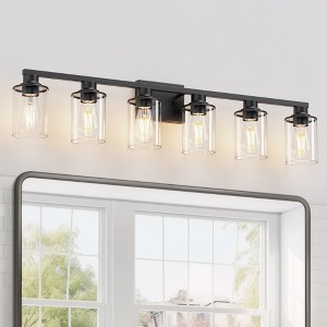 YANSUN 6 Light Matte Black Vanity Light with Clear Tube Glass Shades for Large Bathroom Mirror E26 Base - 1 of 1