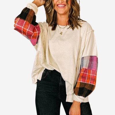 Amaryllis Women’s Plaid Patchwork Long Puff Sleeve Knit Pullover Top with Drop Shoulder Crew Neck
