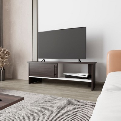 Chic Crate-Rock Point Media Console – Stained Walnut & White TV Stand w/ Sliding Door & Open Shelving, Multi-Room Furniture