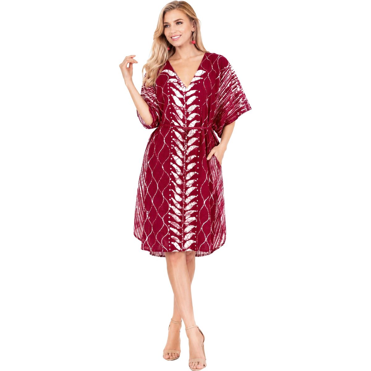 LA LEELA Summer Cotton Vacation Ready Tunic Dress for Women Resortwear Holiday Cruise Pregnancy Wear Beach Cover Up 2X-3X Red Leaf