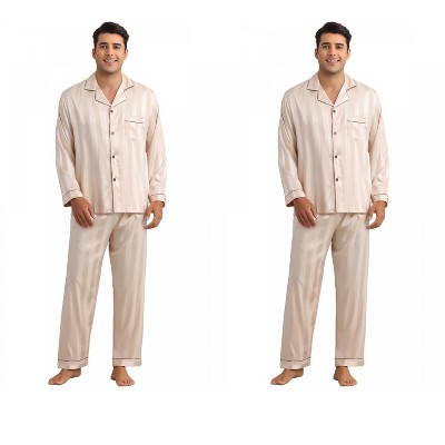 INSPIRE CHIC Men's 2 Pack Satin Long Sleeve Striped Button Down Pajamas Set