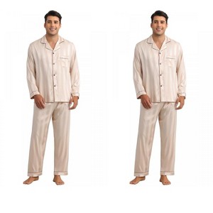 INSPIRE CHIC Men's 2 Pack Satin Long Sleeve Striped Button Down Pajamas Set - 1 of 4