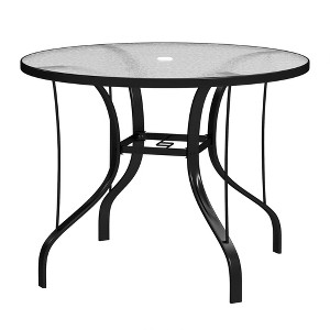38" Round Patio Table with Umbrella Hole, Tempered Glass Outdoor Dining Table - 1 of 4