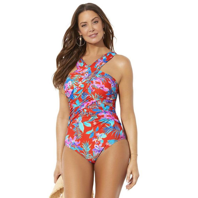 Swimsuits for All Women's Plus Size High Neck Wrap One Piece Swimsuit, 1 of 2