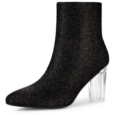 Allegra K Women's Zip Closure Pointed Toe Clear Block Heel Halloween Glitter Ankle Boots