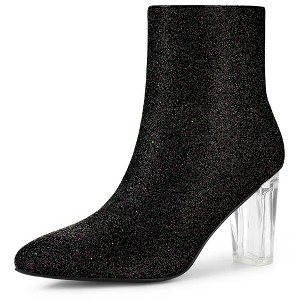 Allegra K Women's Zip Closure Pointed Toe Clear Block Heel Halloween Glitter Ankle Boots - 1 of 4