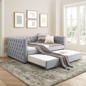 Kumasinova Modern Eucalyptus Wood Daybed with Twin Trundle Bed,Soft Linen Upholstered Sofa Bed with Tufted Framed Sides,300lbs Max - 1 of 4