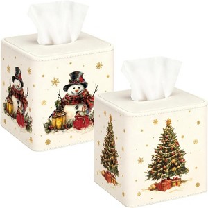 2-Pack Christmas Tissue Box Covers, PU Leather Square Napkin Holders with Snowman Tree for Holiday Decor - 1 of 4