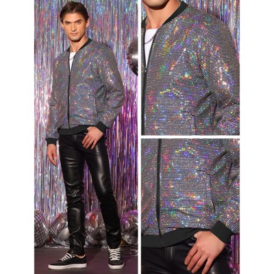 Lars Amadeus Men's Zip Up Long Sleeves Disco Sparkle Sequin Bomber Jacket Silver X Large — фото 5