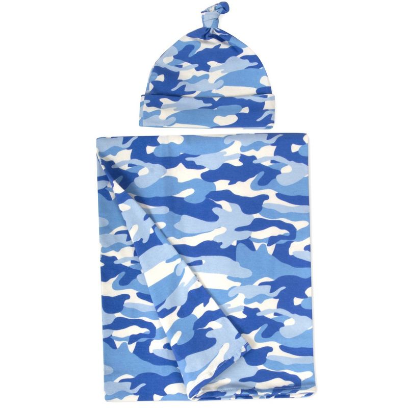 Baby Essentials Camo Print Swaddle Blanket and Knot Cap Set, 1 of 4