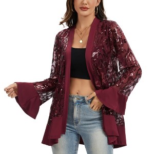 Anna-Kaci Women’s Sequin Mesh Cardigan with Sheer Embellished Sleeves and Flowing Open Front Design for Layering Style - 1 of 4