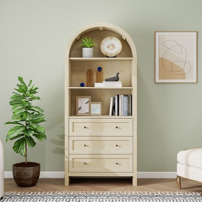 Arched Wood Console Bookshelf with 3 Drawers and Open Shelves,70" Modern Farmhouse Storage Cabinet for Living Room Bedroom-Baofuwish