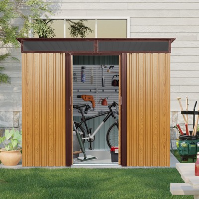 HANPURE 8ft x 6ft Outdoor Metal Storage with Lockable Sliding Doors and Transparent plate for Garden, Lawn (Coffee)