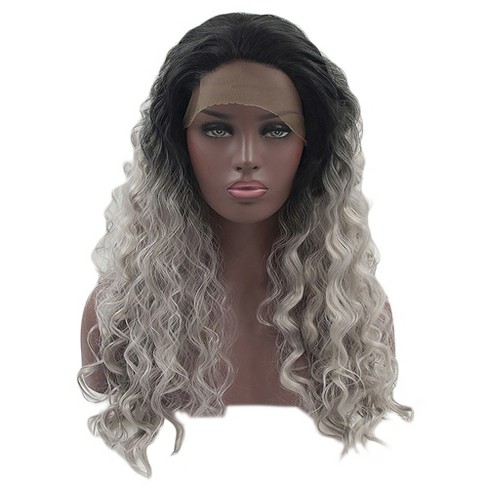 Unique Bargains Long Water Wave Lace Front Wigs for Women with Wig Cap 24 1pc Gradient Gray