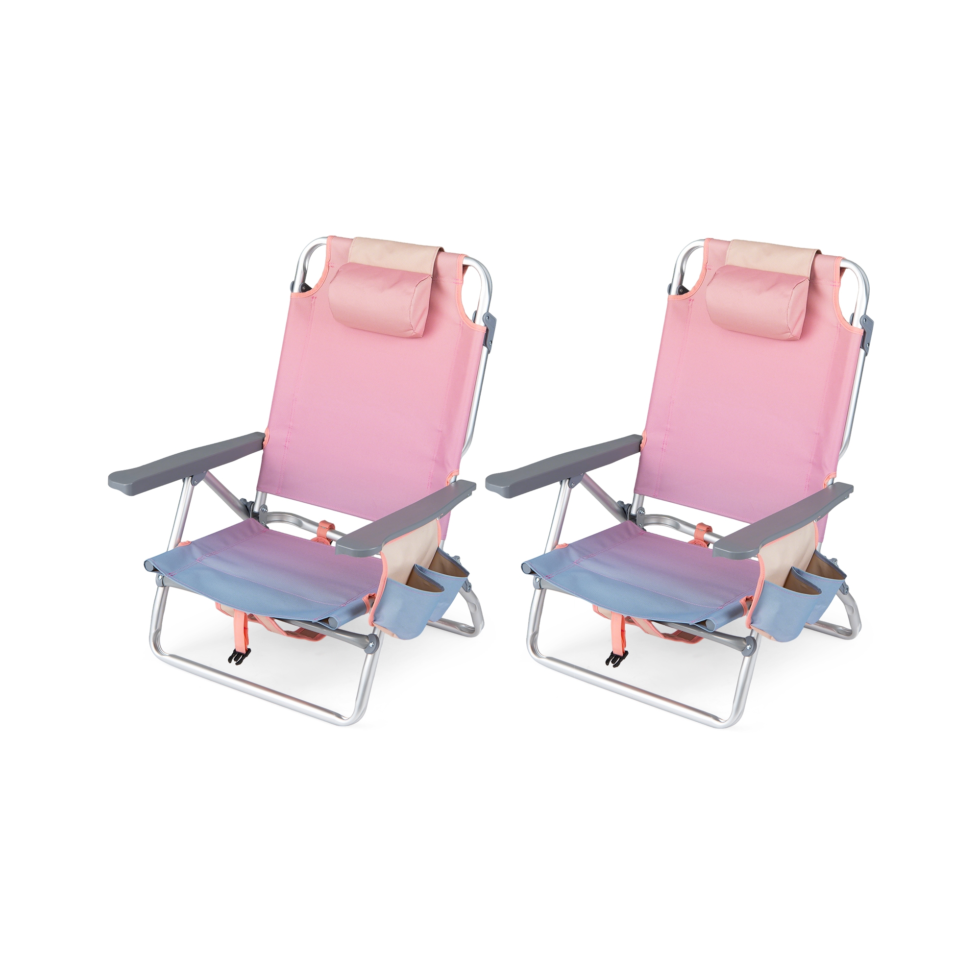 Costway 2PCS Beach Chairs with 5-Position Backrest & Padded Headrest, Cup Holder & Ice Bag Gradient Pink