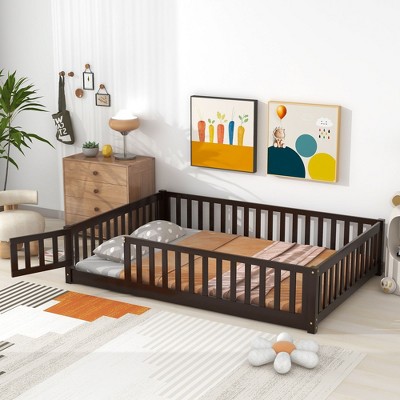 NicBex Full Size Floor Bed with Fence and Door,Rubber Wood Floor Bed with Safety Guardrails,Montessori Floor Bed for Kids,Girls,Boys