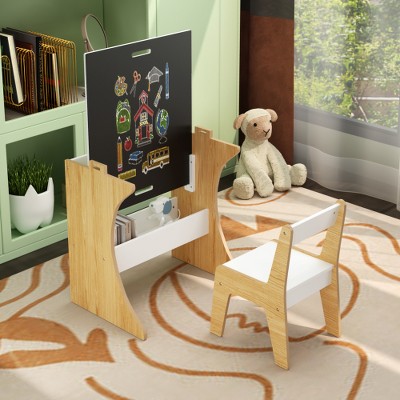 Hachikiko Kids Table & Chair Set - 2-in-1 Convertible Study Desk with Chalkboard & Storage, Wooden Children's Activity Table, Natural