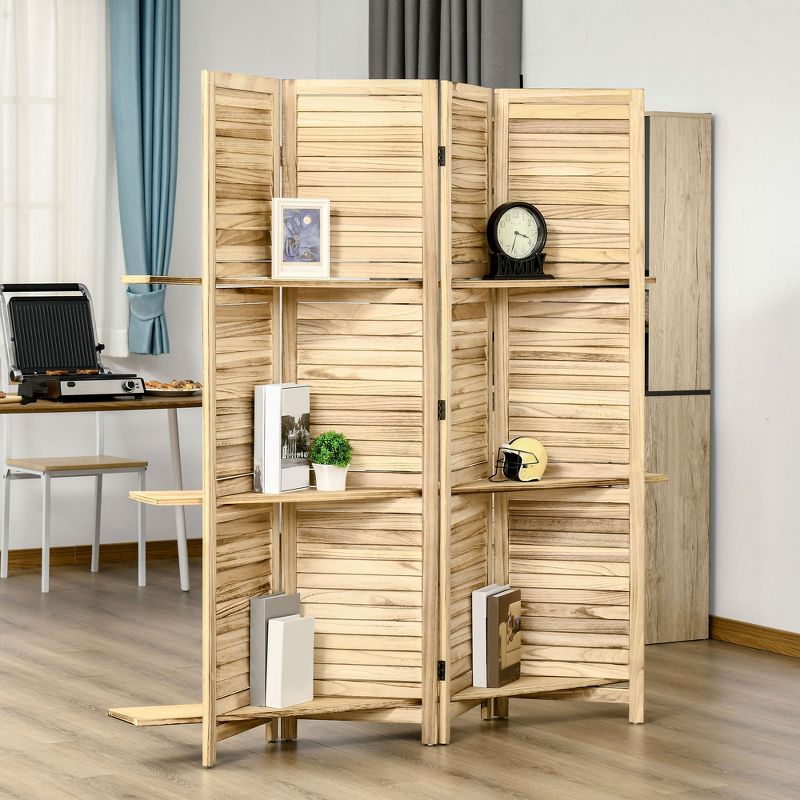 HOMCOM 4-Panel Folding Room Divider, 5.6 Ft Freestanding Paulownia Wood Privacy Screen Panel with Storage Shelves for Bedroom or Office, 2 of 7