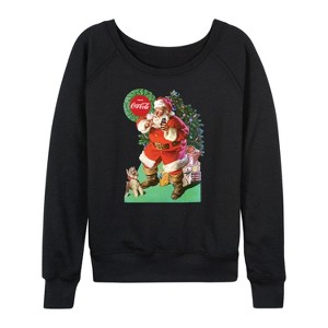 Women's - Coca-Cola - Vintage Santa With Dog Lightweight French Terry Wide Neck Long Sleeve Graphic Shirt - 1 of 4